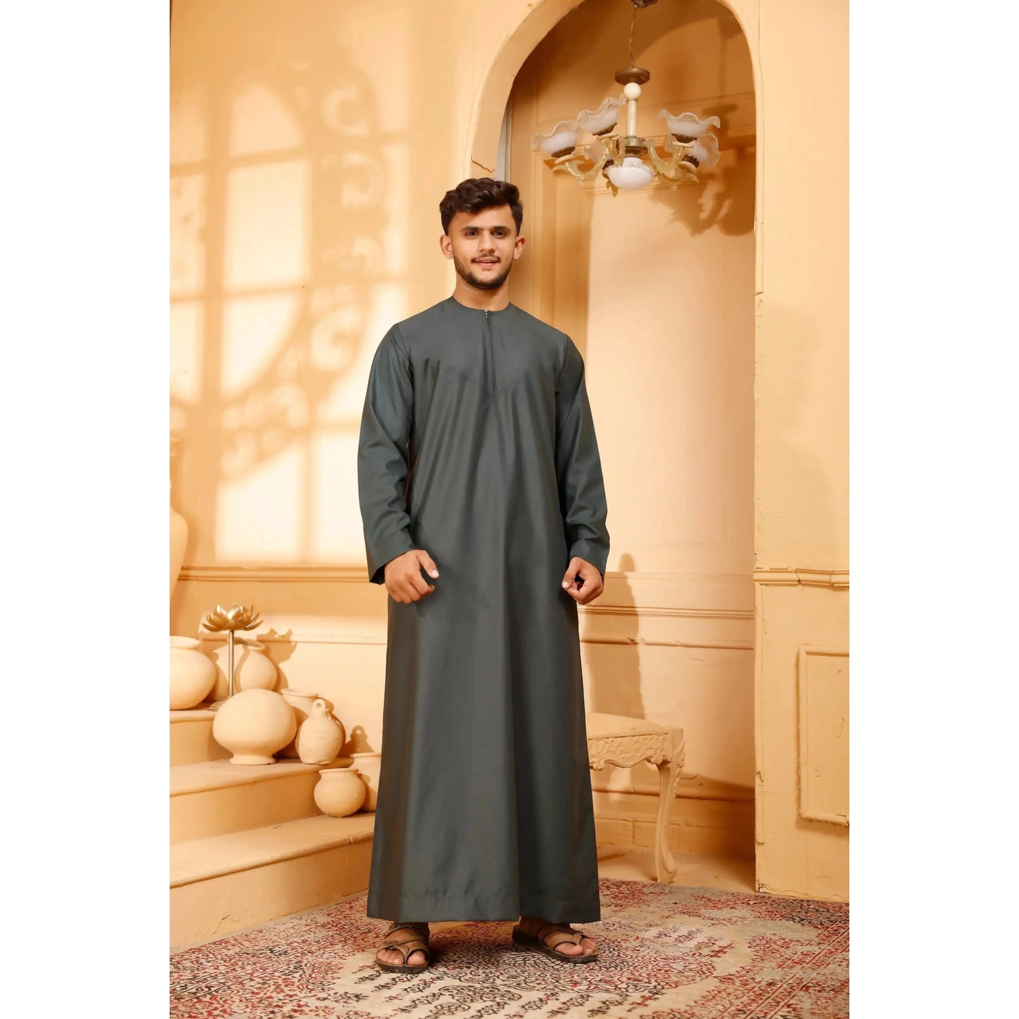 Matte Green Omani Thobe Collarless With Zip
