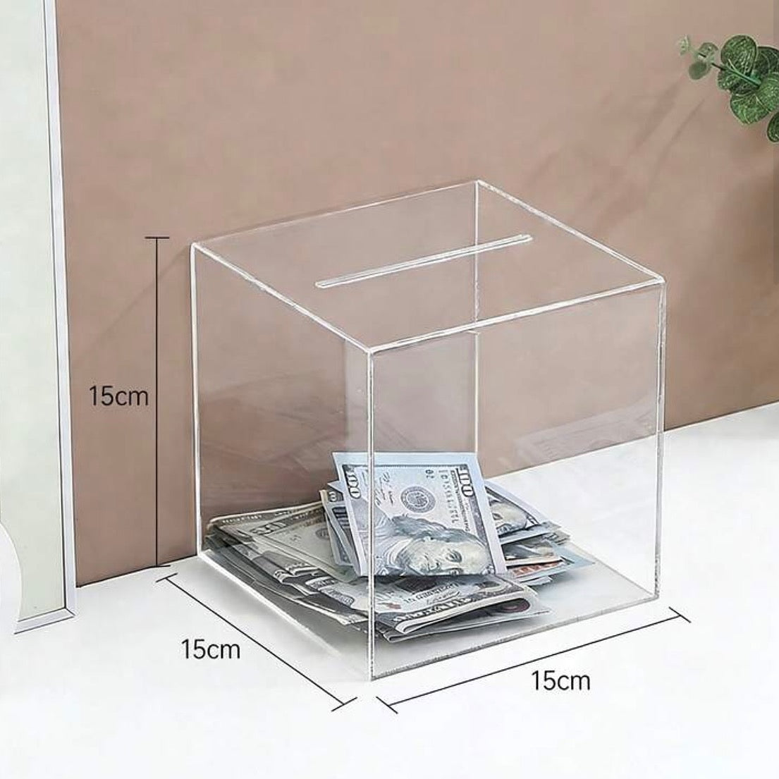 Clear Money Box Acrylic 15x15x15cm (Medium)