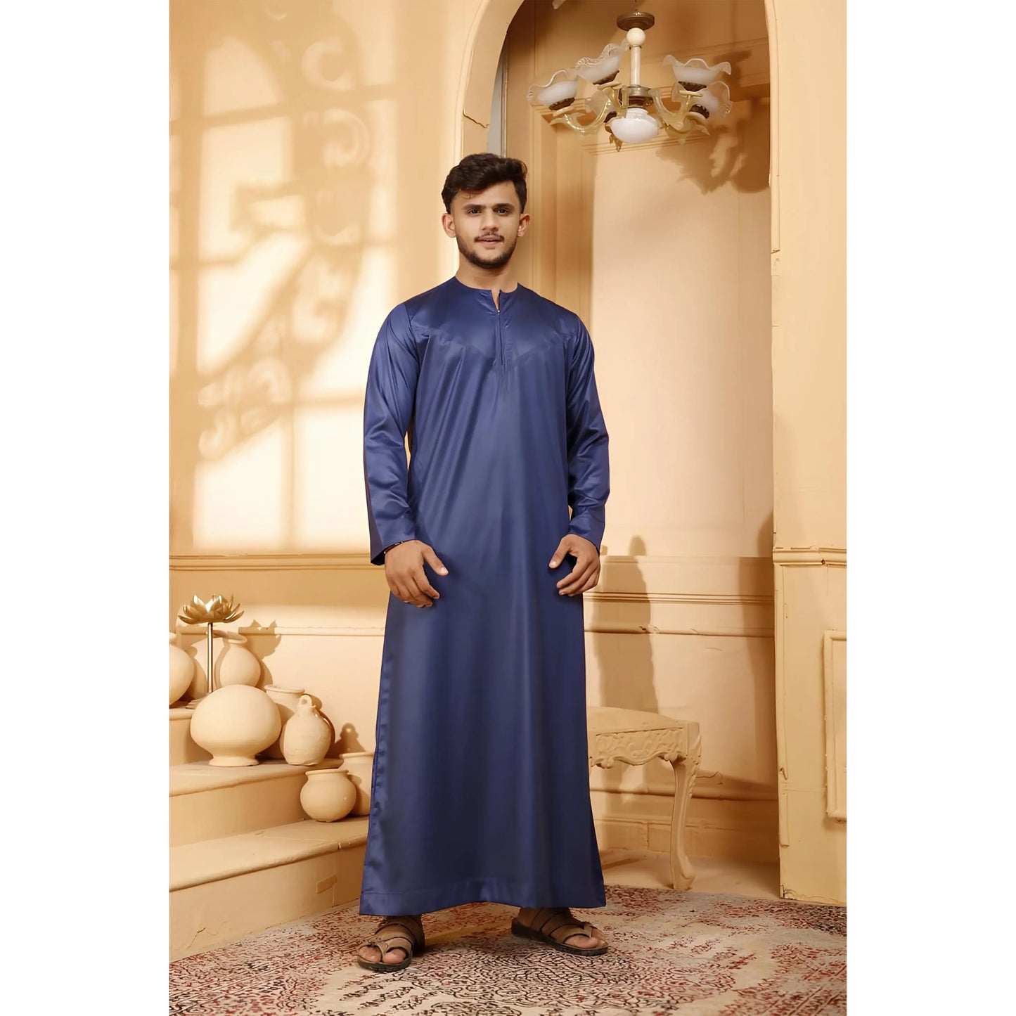 Shiny Blue Omani Thobe Collarless With Zip