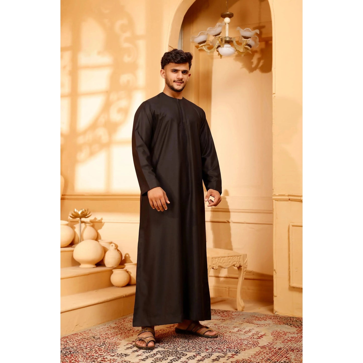 Matte Black Omani Thobe Collarless With Zip
